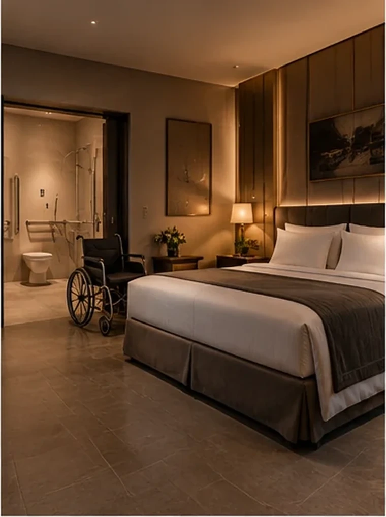 Akadálymentes hotelszoba széles közlekedővel és kapaszkodókkal felszerelt fürdővel